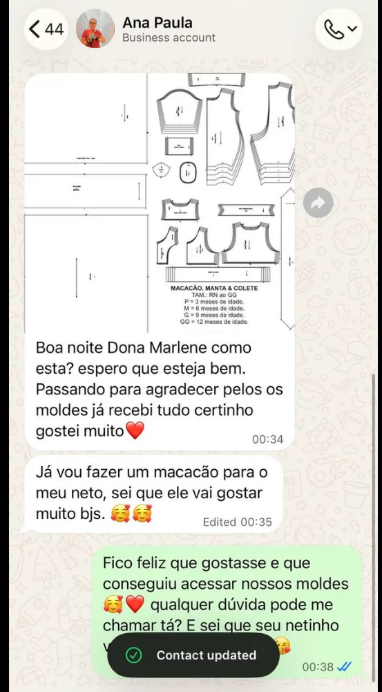 Conversa com Ana Paula agradecendo o envio dos moldes e contando que vai costurar um macacão para o neto