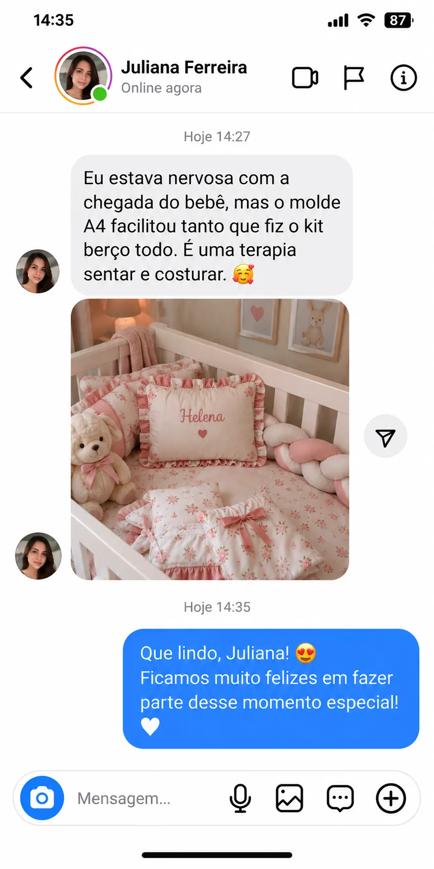 Conversa com Juliana Ferreira contando como os moldes A4 ajudaram na criação do kit berço
