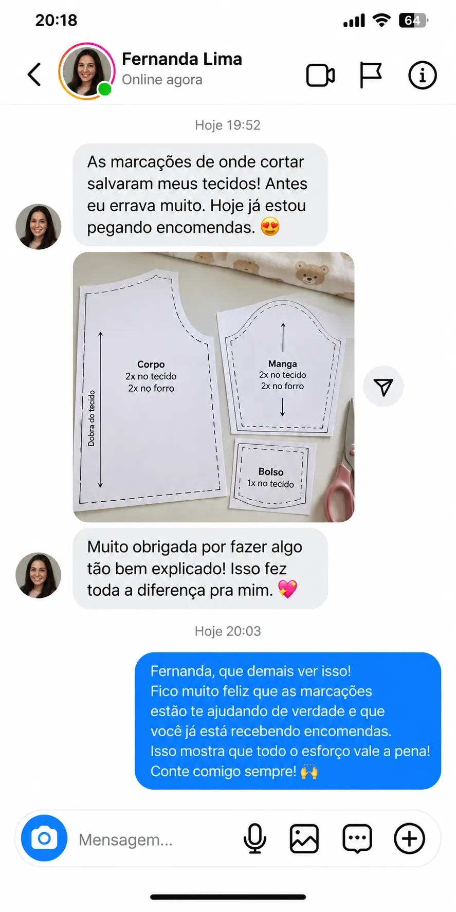 Conversa com Fernanda Lima elogiando as marcações de corte dos moldes