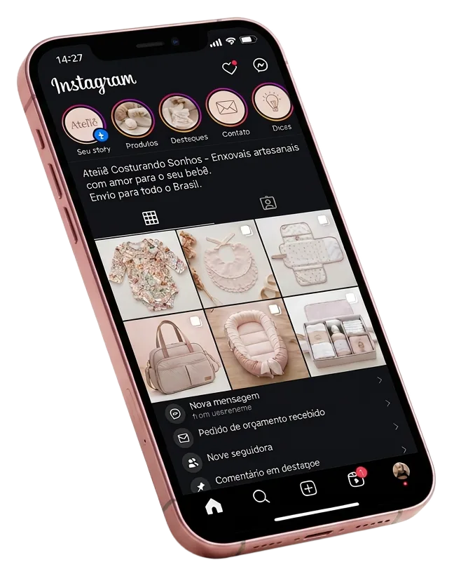 Perfil profissional no Instagram apresentando peças artesanais para o enxoval do bebê