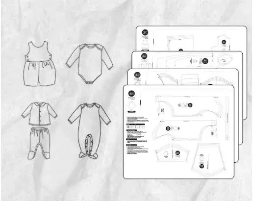 Moldes técnicos de macacão, body e casinha de bebê com marcações de encaixe para corte