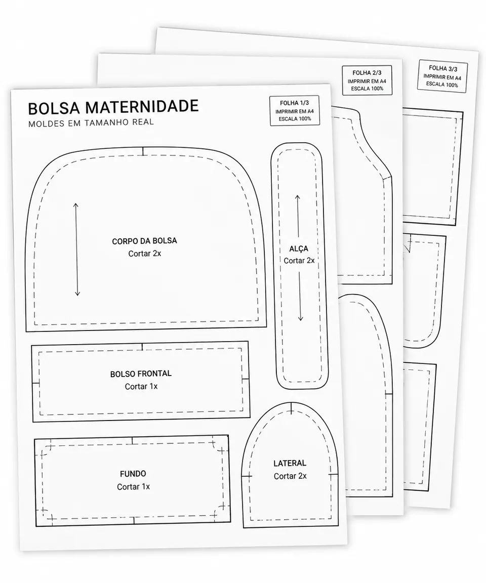 Folhas A4 com moldes técnicos numerados da bolsa maternidade em tamanho real